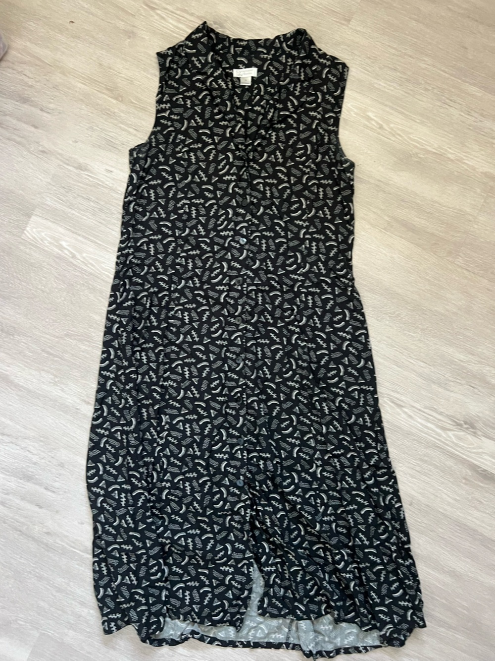 Christopher & Banks Black White Abstract Print Button Up Dress 14 tie back maxi